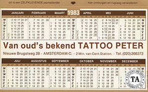 Sticker calendar from Tattoo Peter in Amsterdam, 1984